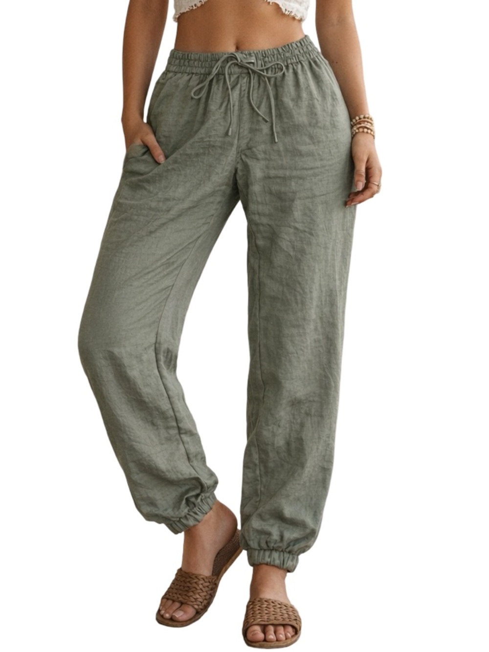 Zara Olive Green Drawstring Satin Silky  Jogger Pants Size Small